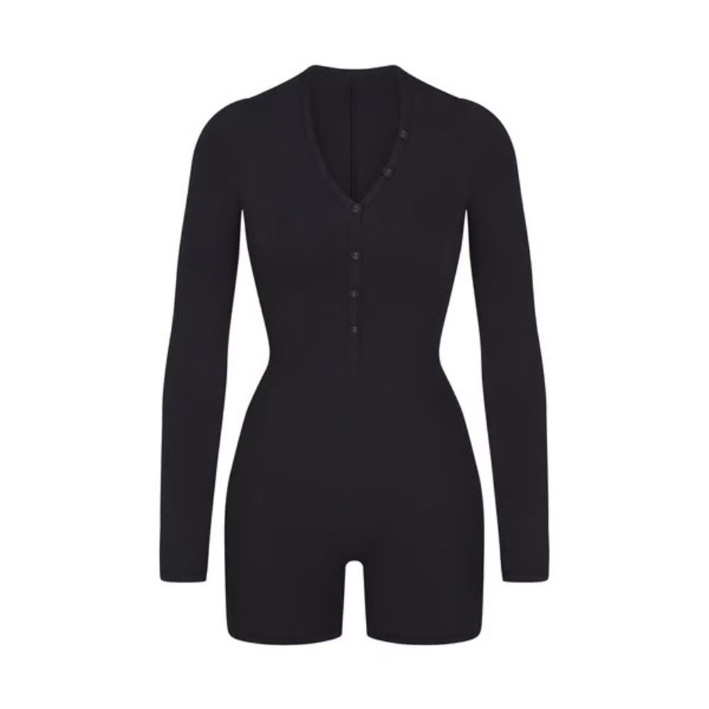 Skims Cotton Jersey Button Up Henley Onesie in Soot